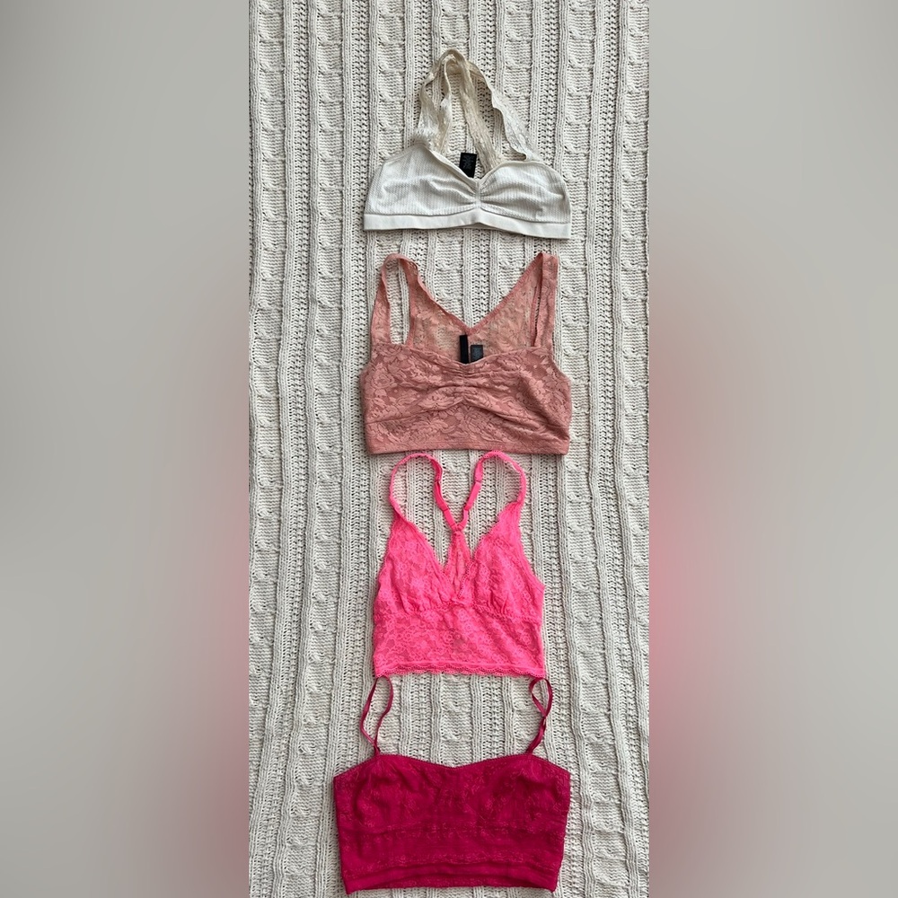 (4) bralettes: frenchi, Victoria’s Secret, full tilt, pink/peach/cream